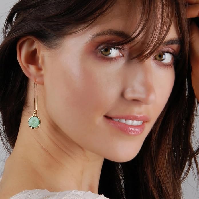 Simulated Druzy Threader Drop Earrings for Women - Gold, Silver, or Rose Gold Tone Trendy Boho Dangles with Sparkly Round Stone