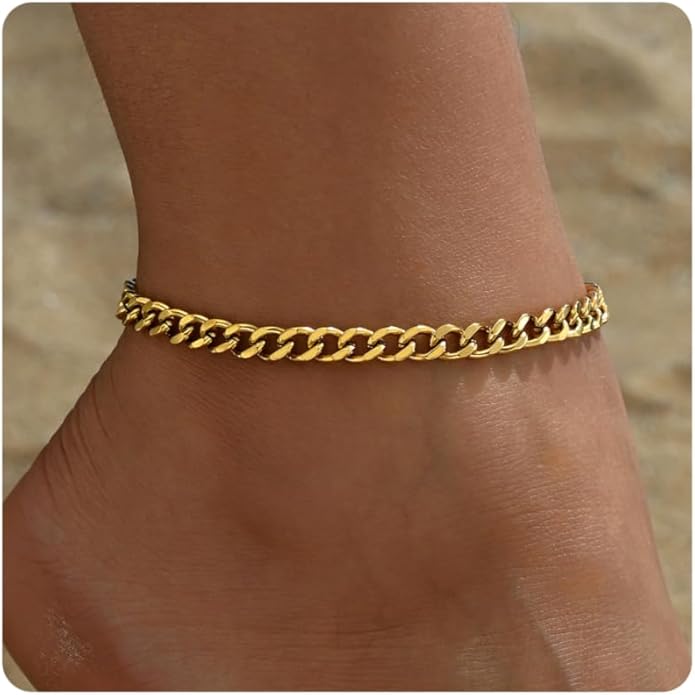 Dainty Ankle Bracelets for Women 18K Gold Plated Satellite Beaded Herringbone Chain Anklets Simple Lip Chain Anklet Minimalist Summer Beach Foot Jewelry Christmas
