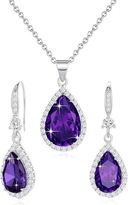 Sumonyo Women Jewelry Set Silver/Gold Plated Teardrop Pendant Necklace Dangle Drop Earrings Dangling Sets Birthstone Crystals Rhinestone,Birthday Anniversary Wedding Mother’s Day Gifts for Women
