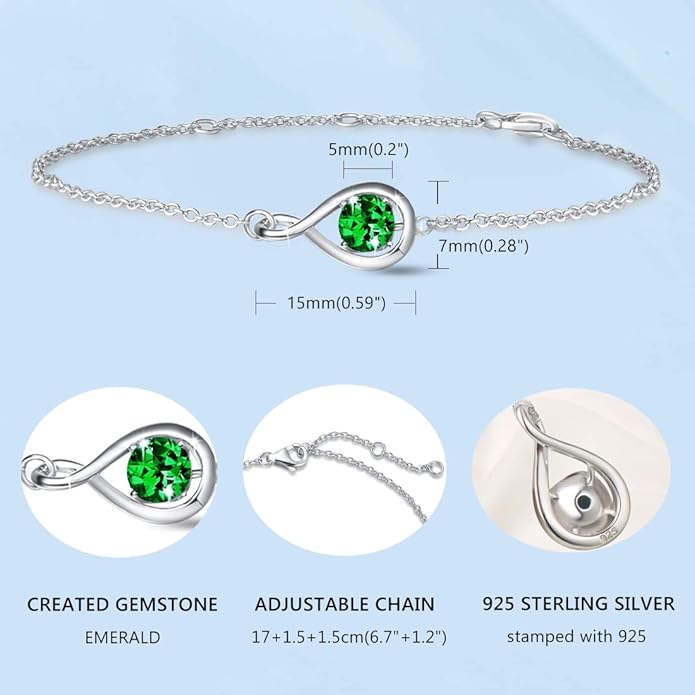 FANCIME Love Bracelet 925 Sterling Silver Infinity Birthstone Bracelets for Women Fine Jewelry Birthday Christmas Gifts for Her Mom Wife, Chain Length 6.7"+1.2" Extend
