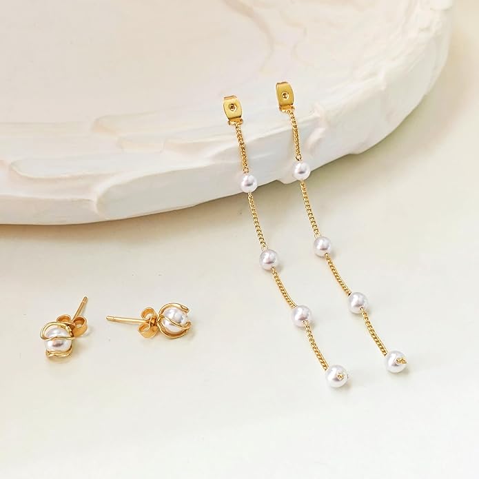 Zeffy Pearl Earrings for Women 14k Gold/Silver Pearl Drop Earrings Long White Pearl Tassel Dangle Statement Earrings Bridal Wedding Dainty Prom Earrings Birthday Gifts Jewelry