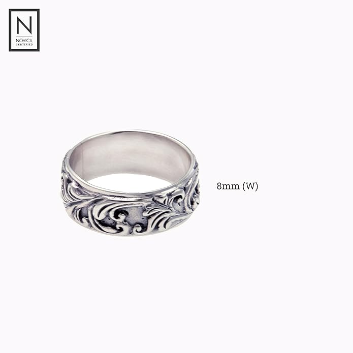NOVICA Artisan Handmade Sterling Silver Band Ring Leaf Tree No Stone Indonesia [band Width 8 mm W] 'Flourishing Foliage'