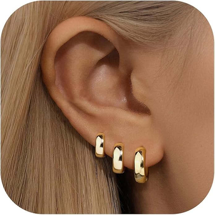 3Pairs Gold Hoop Earrings Set for Women, 14K Gold Plated Hypoallergenic Small Huggie Hoops Earrings for Women Trendy, Chunky Gold Earring Jewelry Gifts