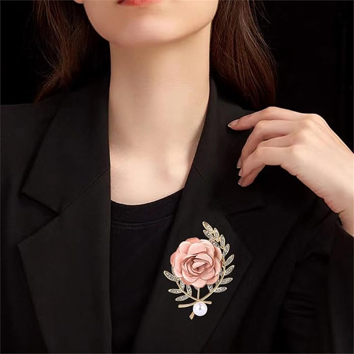 Dreuyet Rose Flower Brooch for Women Dainty Elegant Satin Fabric Flower Lapel Pins Vintage Pearl Camellia Crystal Pin Dress Suit Accessories Valentine's Day Wedding Bouquet Jewelry ﻿