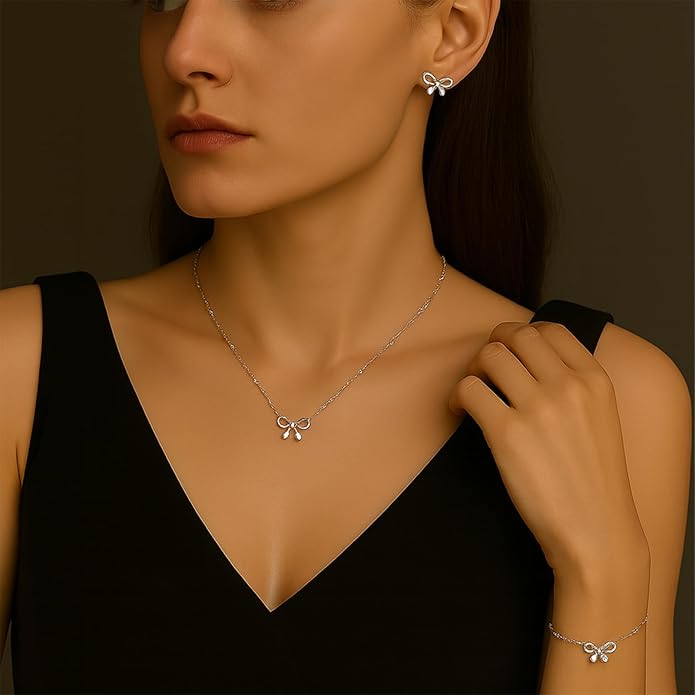 Bow Earrings Necklace Bracelet Set for Women Dainty Bowknot Jewelry Set Gold Pendant Necklace Ribbon Stud Earrings Cute Bow Accessories Elegant Gift for Her