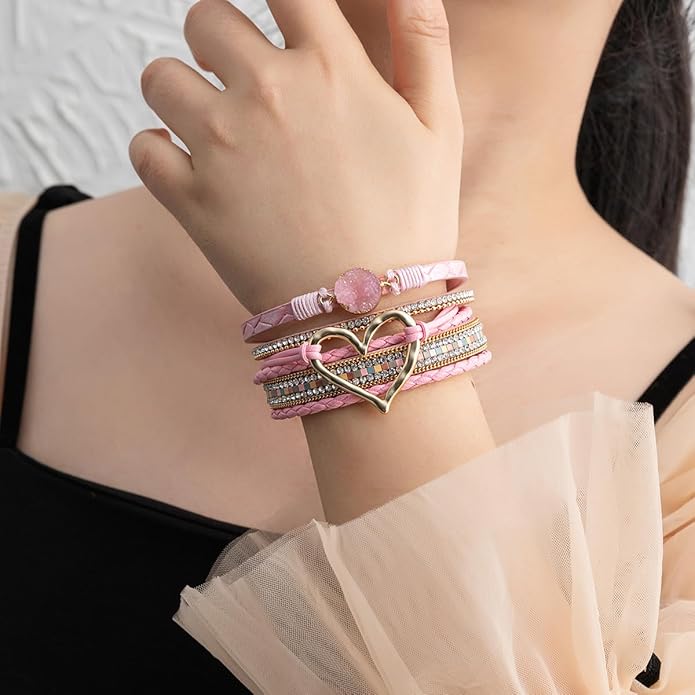 Rantanto Braid Leather Wrap Bracelet Trendy Stackable Crystal Cuff Boho Gold Heart Bracelet Jewelry Gift For Women