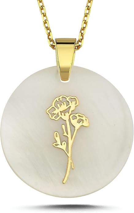 ONTHOLOGIE Birth Month Flower Necklace on Natural Mother of Pearl, 925K Sterling Silver Pendant Birth Flower Necklace, Personalized Birth Month Jewelry, Meaningful Gift for Women