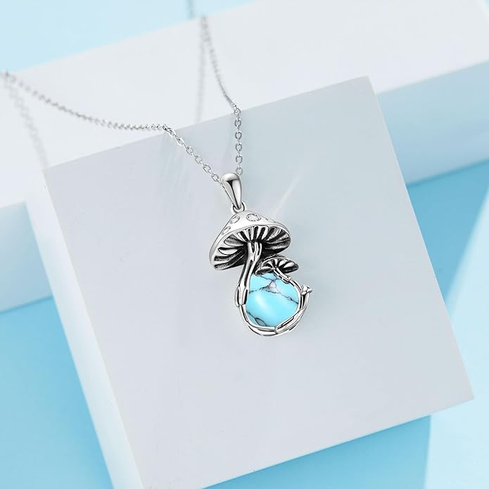 YAFEINI Mushroom Necklace Moonstone/Moss Agate/Malachite/Labradorite/Turquoise/Amber/Larimar/Black Onyx/Lapis Lazuli/Peridot/Opal Sterling Silver Mushroom Pendant Mother's Day Jewelry for Women Mom