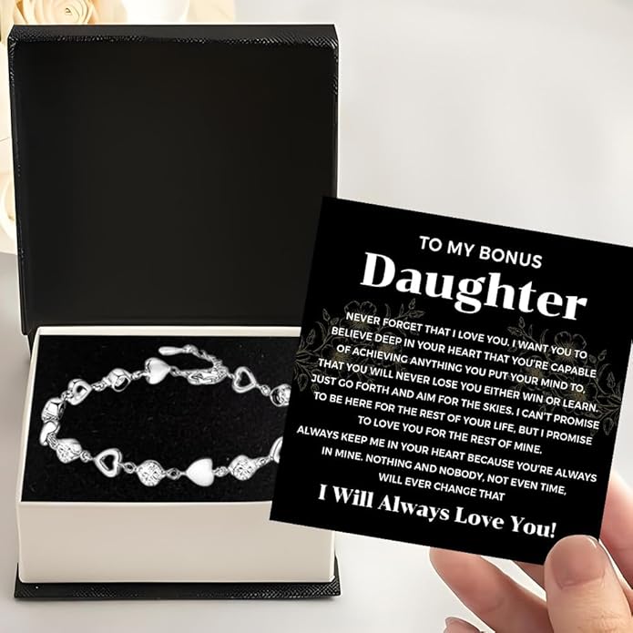 To My Bonus Daughter Heart Bracelet Gift, Beautiful Bonus Daughter Jewelry From Step Mom Dad With Message Card and Box Meaning, Christmas Graduation Birthday Gifts, To My Stepdaughter Bracelet