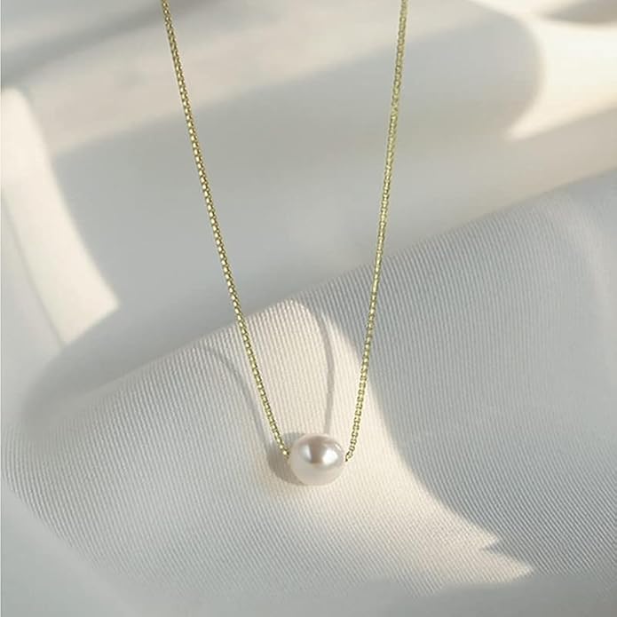 Solid 14K Gold Over 925 Silver Pearl Necklace for Women,Dainty Freshwater Cultured White Pearl Pendant Necklace,Fashion Jewelry Gift for Her