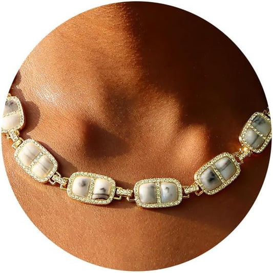 Chunky Necklace for Women 12 Colors Diamond Stone Gold Statement Necklace for Women Full Trendy Blue Birthstone Choker Necklace for Women Square Design Necklace Jewelry