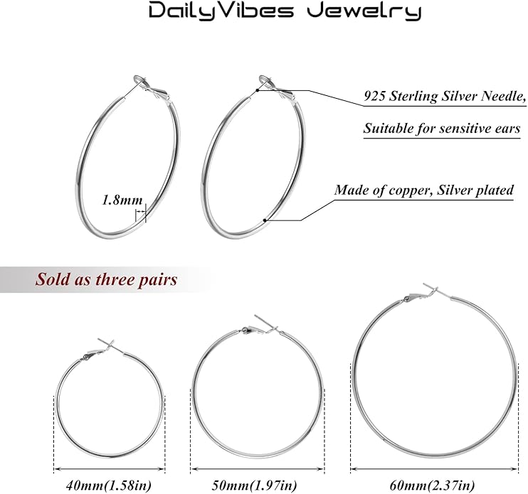 Big Gold Hoop Earrings for Women Hypoallergenic 925 Sterling Silver Post Thin Loop 14K Gold Plated Hoop Earrings Set for Women, 3 Pairs