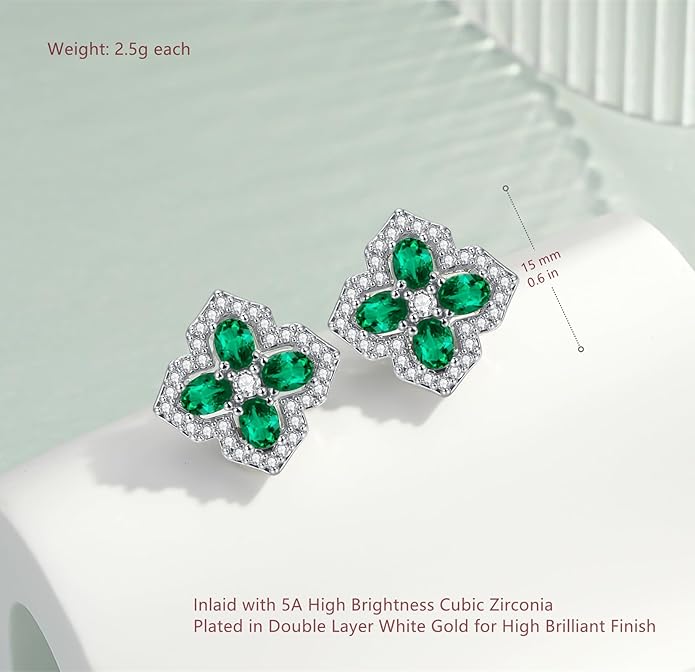 VONSSY Four Leaf Clover Necklace Earrings Shamrock Irish ST Patricks Jewelry Set Gift Green Emerald Zircon Crystal Stud 18k Gold Plated Chain Saint Pendant for Woman Wife Girlfriend