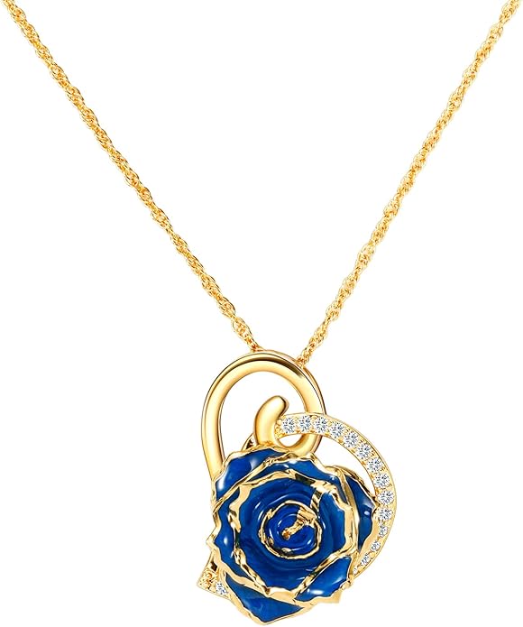 AliveRose Real Rose Gold Dipped Necklace Gifts for Women, 24K Gold Dipped Rose Pendant Necklace Jewelry Mothers Day Anniversaries Birthday Christmas Special Occasions Gifts for Her Mom Wife