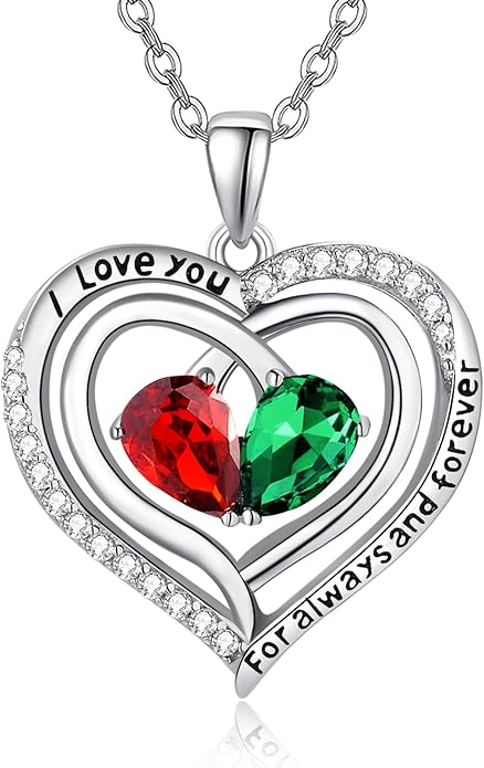 Zeuslia Double Birthstone Necklace Gifts for Wife - 925 Sterling Silver Sunflower/Rose/Crown Cross/Compass/Heart Pendant I Love You Necklace, Anniversary Birthday Gifts for Wife Girlfriend Mom Her
