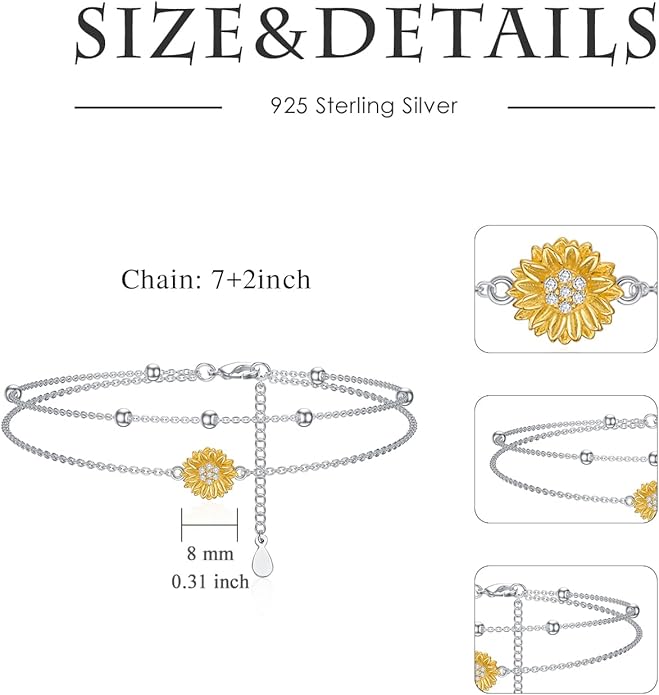 Diamond Sunflower Bracelet 925 Sterling Silver Sunflower Bracelet Gift for Women Mom Wife,7"+2"