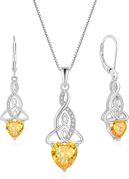 Infinity Celtic Knot Jewelry Set for Women 925 Sterling Silver Citrine Earrings and Necklace Set November Birthstone Jewelry Gifts for Her
