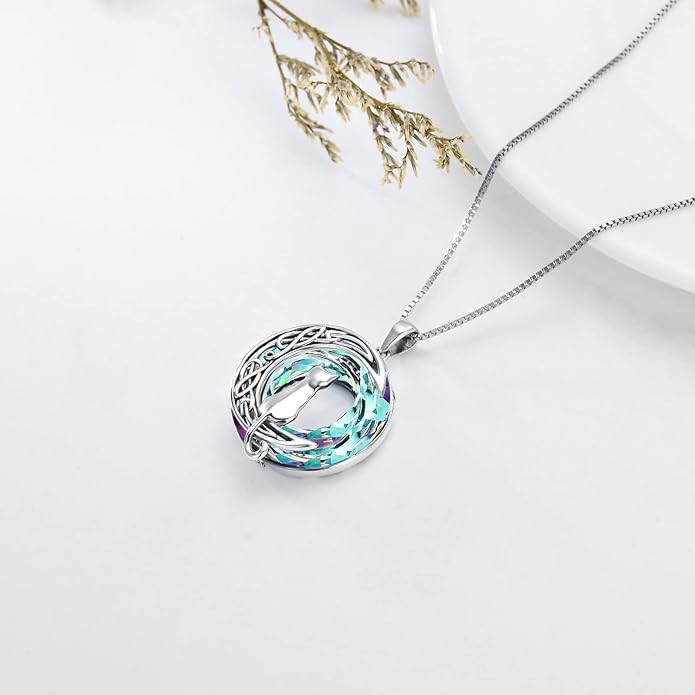 TOUPOP Christmas Cat Gifts for Cats Lovers One Two Three Four Cats Necklace Sterling Silver Cats on the Moon Pendant Necklace with Blue Circle Crystal Birthday Christmas Celtic Jewelry Gifts for Women