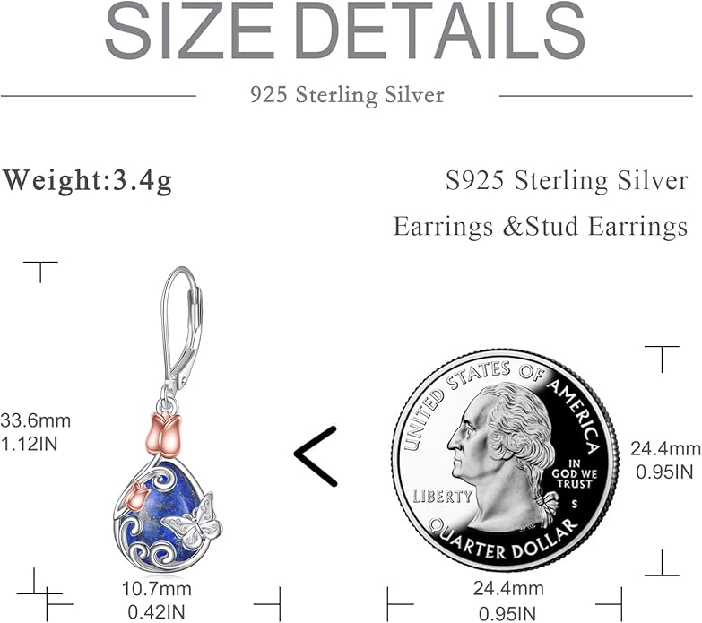 AOBOCO Butterfly/Dragonfly/Bee/Ladybug Leverback Earrings 925 Sterling Silver Rose Lotus Tulip Flower Filigree Dangle Earrings Teardrop Moonstone Larimar Turquoise Abalone Shell Jewelry Birthday Gifts for Women