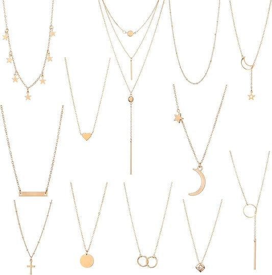 Starain 12Pcs Layered Choker Necklace Fashion Multilayer Chain Necklace Simple Gold Necklace Set for Women