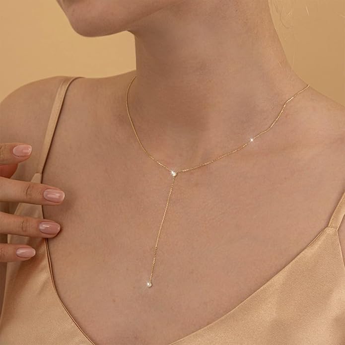 Gold Necklace for Women Trendy Lariat Y Necklace Dainty 14k Gold Plated/Silver Long Necklaces for Women Layered Beaded Drop Necklaces Simple Y-Shaped Chain Jewelry Gifts