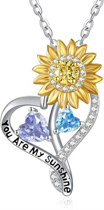 Zeuslia Double Birthstone Necklace Gifts for Wife - 925 Sterling Silver Sunflower/Rose/Crown Cross/Compass/Heart Pendant I Love You Necklace, Anniversary Birthday Gifts for Wife Girlfriend Mom Her