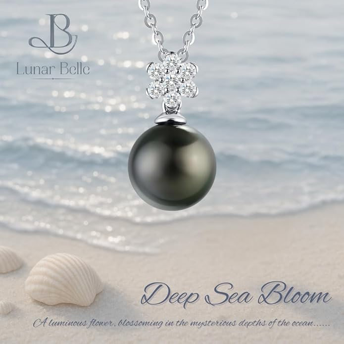 Lunar Belle Black Pearl Drop Pendant with Moissanite Flower Design, 925 Sterling Silver Jewelry, Wedding Gift for HerWoemn Girlfriend Birthday (Deep Sea Blossom)