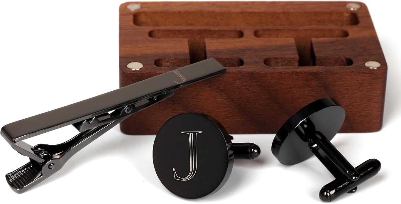 Mens Initial Cufflinks and Tie Clip A-Z Alphabet Letter Black Stainless Cuff Links Tie Bar with Engraved Walnut Wood Box Groom Groomsman Wedding Set