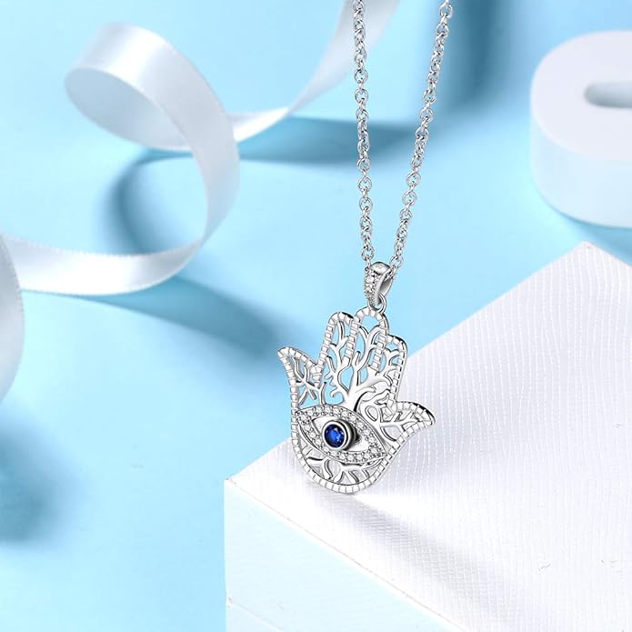 Evil Eye Necklace Evil Eye Hamsa Hand of Fatima Necklace 925 Sterling Silver Fine Jewelry Gifts for Womens White Blue CZ Third Eye Stud Earrings Turkish Eye Ring Hamsa Hand Jewelry Set Gifts Valentine Day Chrismtas Gifts
