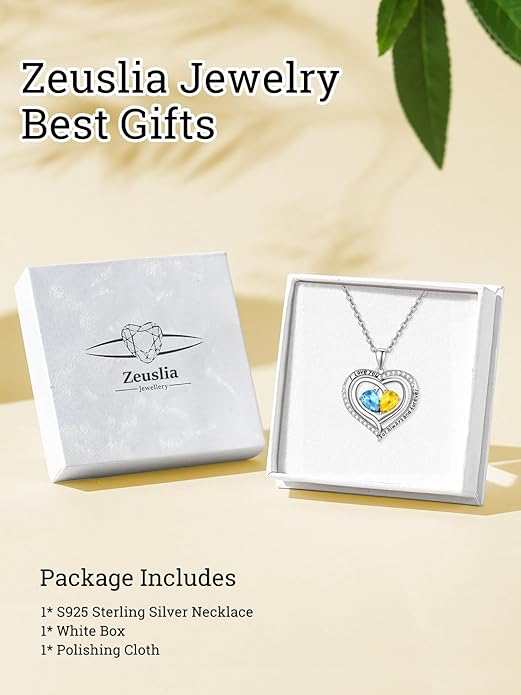 Zeuslia Double Birthstone Necklace Gifts for Wife - 925 Sterling Silver Sunflower/Rose/Crown Cross/Compass/Heart Pendant I Love You Necklace, Anniversary Birthday Gifts for Wife Girlfriend Mom Her