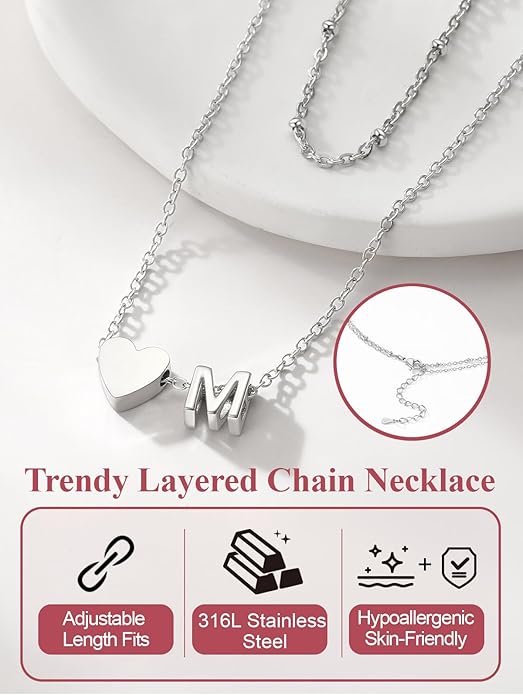 FOCALOOK Layered Initial Necklace for Women, 14K Gold Plated Choker Necklaces Stacks with Initial A-Z, Dainty Silver Heart Pendant Necklace Personalized Birthday Women Jewelry