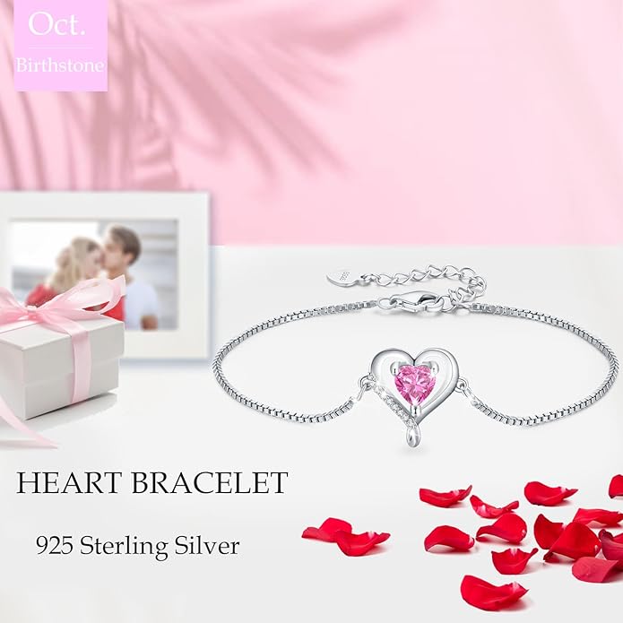 LAVUMO Love Heart Bracelets for Women 925 Silver Charm Birthstone Bracelet Adjustable Anniversary Birthday Jewelry Gifts for Women Girlfriend Wife Daughter Mom Her