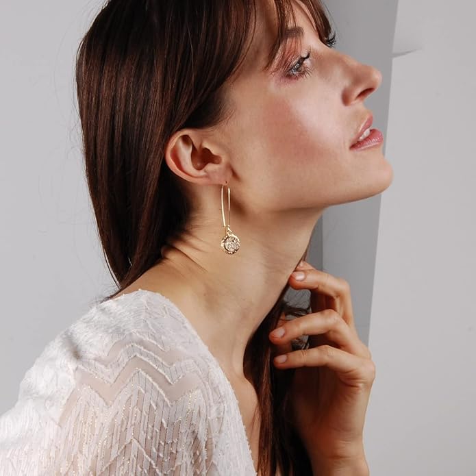 Simulated Druzy Threader Drop Earrings for Women - Gold, Silver, or Rose Gold Tone Trendy Boho Dangles with Sparkly Round Stone