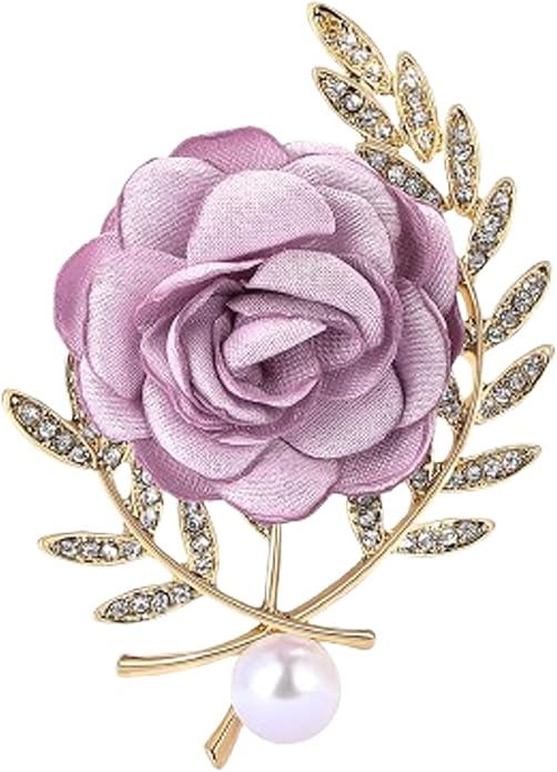 Rose Brooch for Women,Dainty Satin Fabric Flower Lapel Pins Vintage Elegant Pearl Brooches Handmade Crystal Pearl Pins Silk Camellia Safety Collar Pin Dress Suit Accessories Wedding Bridal Bouquet Jewelry