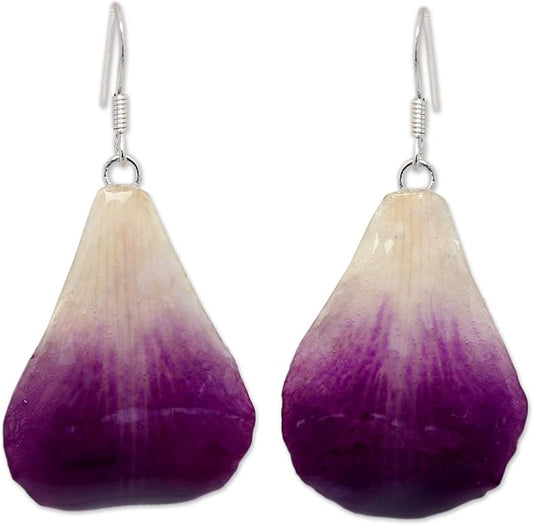 NOVICA Artisan Crafted .925 Sterling Silver Natural Orchid Petal Dangle Earrings | No Gemstone | Floral Flower Resin Leaf | Hypoallergenic Jewelry | French Wire Hook | Lead & Nickel Free | Thailand'