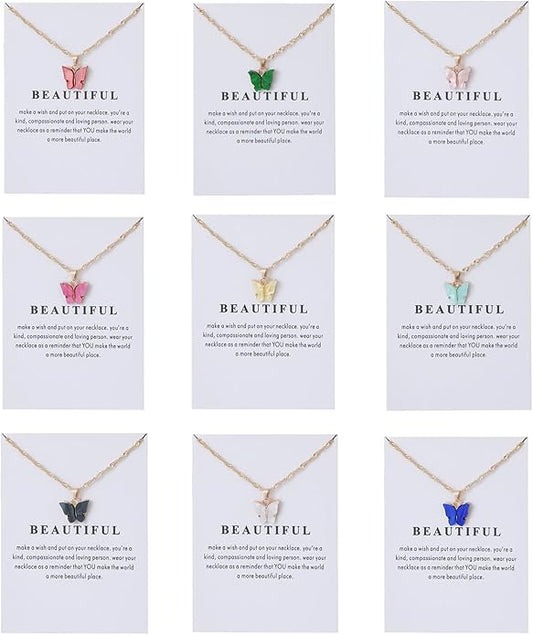 Rrdaily 9 Pcs Dainty Colorful Butterfly Pendant Necklace Set for Women,Bohemian Acrylic Butterfly Chain Necklace Cute Jewelry Gift