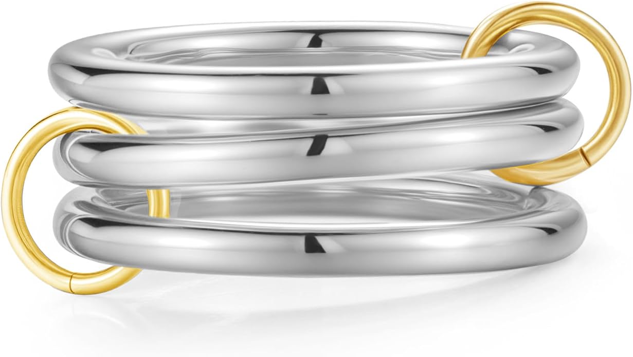 Emibele 14K Gold Plated Stackable Rings for Women, Interlocking Non Tarnish Gold Rings, Silver Dainty Cubic Zirconia Bands, Two-Toned Mixed Metal Stacking Band, Trendy Jewelry Gifts for Women