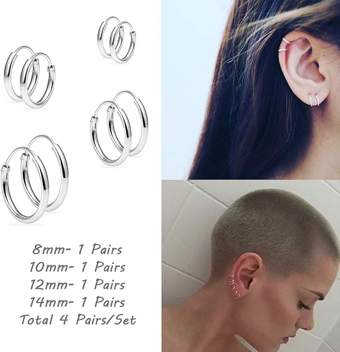 Silver Hoop Earrings- Cartilage Earring Small Hoop Earrings for Women Men,4 Pairs of Hypoallergenic 925 Sterling Silver Tragus Earrings
