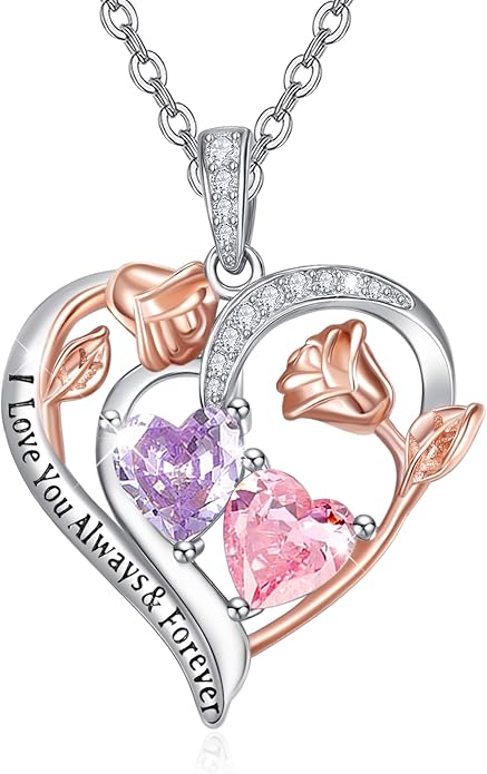 Zeuslia Double Birthstone Necklace Gifts for Wife - 925 Sterling Silver Sunflower/Rose/Crown Cross/Compass/Heart Pendant I Love You Necklace, Anniversary Birthday Gifts for Wife Girlfriend Mom Her