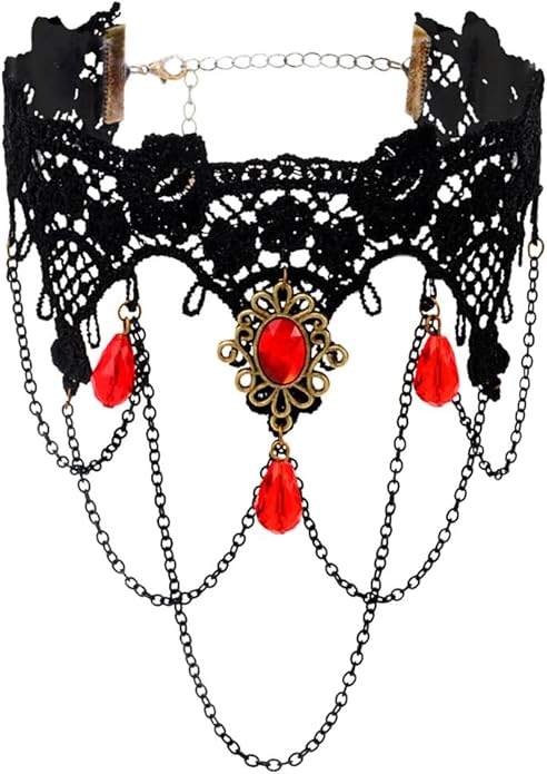Gothic Black Choker Necklace Lace Collar Necklace Red Crystal Necklace Halloween Necklaces for Women