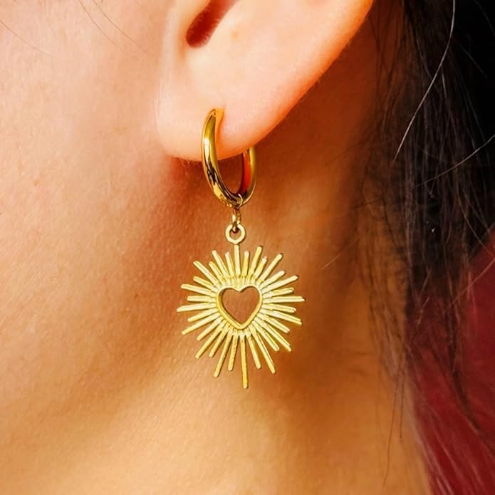 Sunburst Heart Dangle Hoop Earrings, 18K Gold Plated hypoallergenic Stainless Steel Cute Jewelry for Women daily Wear
