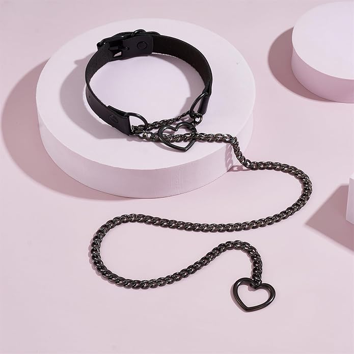 Leather Choker Slip Chain Necklace Stainless Steel Cuban Link Long Necklaces Gothic Punk Heart Chain Necklace Handmade Collars for Women
