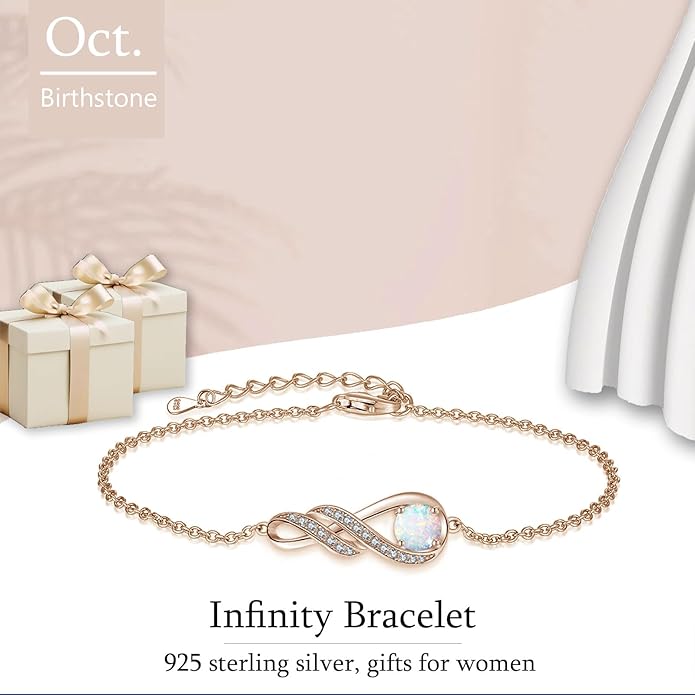 Birthstone Bracelets for Women 925 Sterling Silver Created Gemstone Bracelet Infinity Pendant Jewelry for Her, 6.7"+1.2"