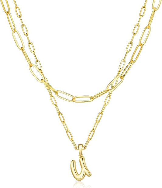adoyi Gold Necklace for Women Layered Bubble Heart Letter Initial Necklaces for Women Trendy Jewelry 14K Gold Plated Chain Chunky Name Necklace Stack Charm A-Z Pendant Set Jewelry Gifts