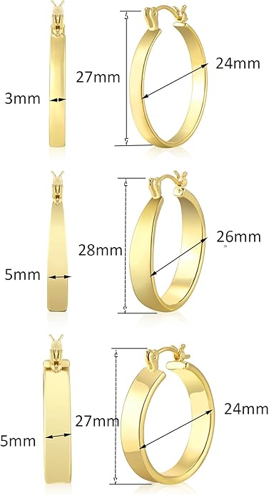 WGOUD 3 Pairs 925 Sterling Silver Post Hoop Earrings Hypoallergenic 14K Gold Plated Lightweight Hoop Earrings for Women Medium Silver Hoops Earring for Women 24/26mm