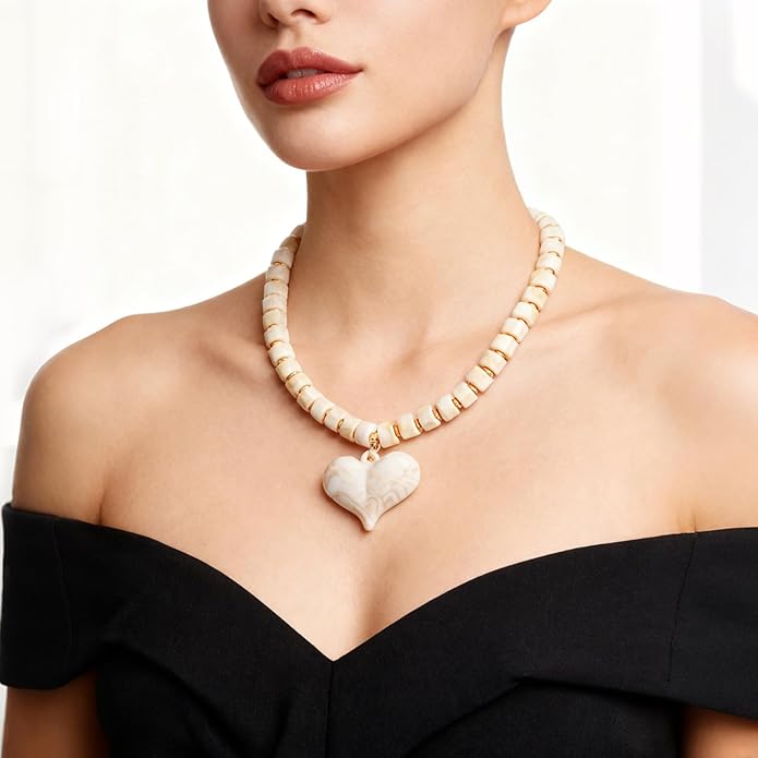 YUJIE Chunky Heart Penadnt Necklace for Women- Exaggerated Statement Puff Heart Necklace with Acrylic Beaded Chain