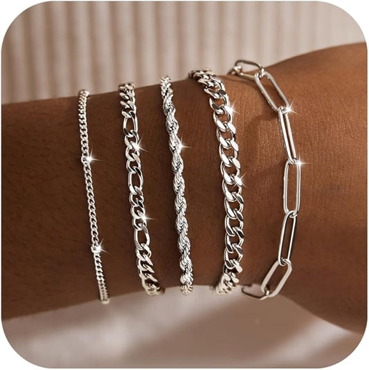 Gold Bracelets for Women Non Tainish,Dainty Bracelets Stack for Women Trendy, Gold Plated Cuff Bracelets Stack With Beaded Cuban Paperclip Snake Rope Bangle Hand Chain Jewelry Gifts for Women