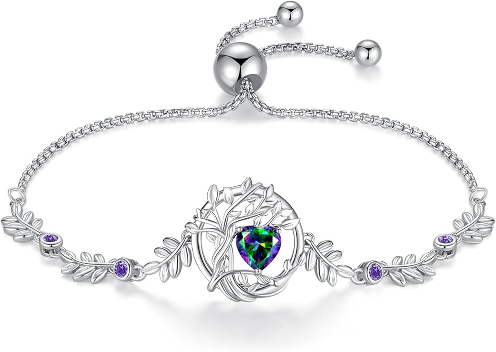 FANCIME Tree of life Birthstone Bracelet for Women Sterling Silver Tree Jewelry Birthstone Charm Bracelet Gemstone Anniversary Birthday Christmas Gifts for Wife Mom Her
