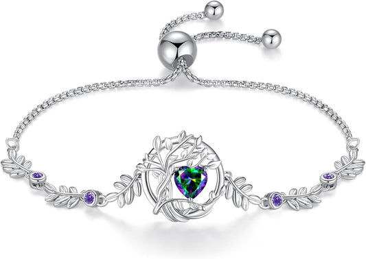 FANCIME Tree of life Birthstone Bracelet for Women Sterling Silver Tree Jewelry Birthstone Charm Bracelet Gemstone Anniversary Birthday Christmas Gifts for Wife Mom Her