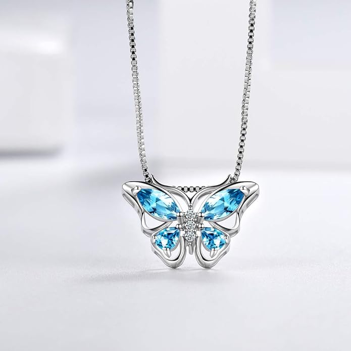 Aurora Tears Butterfly Birthstone Pendant Necklace - Women 925 Sterling Silver Butterflies Birthstone Pendant Necklace Jewelry Birthday Gift for Women